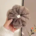 Fluffy faux fur hair scrunchie plush brown hair tie for women winter hair accessories - Brown Coffee
