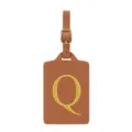Étiquette de bagage en cuir PU marron avec lettre Q brodée dorée et sangle réglable. - Lettre Q