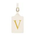 Étiquette de bagage en cuir PU portable avec design de lettre V brodée dorée voyage. - Lettre V / Blanc Cassé