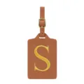 Étiquette de bagage en cuir PU marron avec lettre S brodée dorée et détail de boucle. - Lettre S