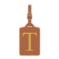 Étiquette de bagage en cuir PU marron avec lettre T brodée dorée et une boucle métallique solide. - Lettre T