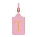 Etichetta per valigia in pelle PU rosa con fibbia dorata e lettera T, accessorio da viaggio. - Rosa T
