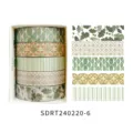 Decorative botanical washi tape set, green floral grid pattern tape rolls for journaling. - Style 6 (SDRT240220-6)
