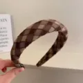 Diadema acolchada de cuadros marrones retro para mujer, aro de pelo de esponja gruesa moda. - Café