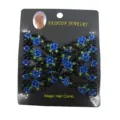 Close up of beaded magic hair comb with blue floral pattern, stretchy double hair clip detail. - Blue