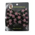 Beaded magic hair comb detail view, flexible double comb hair clip with pink flower beads for styling. - Pink