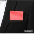 Detailed close-up of a vibrant red men pocket square with black holder inside a formal suit breast pocket. - Red