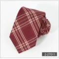 Burgundy plaid business casual tie detail, featuring classic checkered pattern and fine polyester. - 011