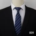 Men's business navy blue necktie with white diagonal stripes detail view showing pattern and texture. - Style 009