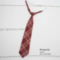 Red plaid pre-tied JK necktie detail shot, showing classic plaid fabric and neat stitching. - Amaranth Red Plaid