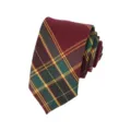Close-up of the rolled tartan plaid tie showing burgundy and green fabric texture. - Color 016