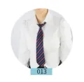 Close-up detail of the classic blue and red striped JK uniform tie worn with shirt. - Color 013