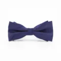 Detail view of a classic navy blue striped silk bow tie for men, perfect for business or weddings. - Dark Blue