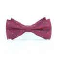 Detail shot of a red and blue speckled polyester men's bow tie with delicate white dots. - Burgundy