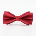 Close-up detail of a classic red silk bow tie, perfect for weddings and formal business suits. - Burgundy