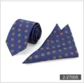 Men business tie and pocket square set, blue with orange geometric pattern fabric. - Color 005