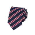 Cravate homme classique en détail, bleu marine avec rayures diagonales rouges et blanches. - A2