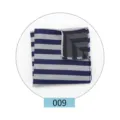 Detail view of a navy blue and white striped men pocket square, classic folded suit accessory. - Color 009