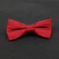 Detailed view of a classic red patterned bow tie, featuring fine textured fabric for formal wear. - 011