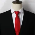 Primo piano di una classica cravatta rossa a righe abbinata a una camicia bianca. - B001