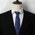 Vue de détail d'une cravate classique pour costume d'homme à rayures bleues et violets. - Bleu Noir