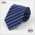 Close-up detail of a blue striped men's necktie, 8cm wide polyester silk fabric design. - No. 001