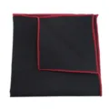 Men's black pocket square with striking red stitched edges, elegant suit accessory. - Black
