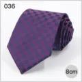 Detailed view of a purple and dark blue geometric pattern business men tie, 8cm width. - No. 036
