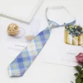 Blue and yellow plaid pre-tied necktie, Japanese school uniform style short student tie. - 017