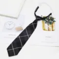 JK style pre-tied plaid necktie for students, black and gray checkered fashion accessory. - Color 032