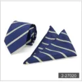 Detailed shot of classic navy blue business necktie and pocket square set with yellow stripes. - Color 020