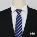 Detail view of the blue striped business necktie showing fabric texture and neat stripe pattern. - Color 036
