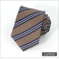 Detail view of a classic brown and navy blue striped men's formal business necktie. - 12