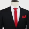 Men's business suit necktie set with black jacket white dress shirt and red solid color tie. - Red