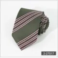 Detailed shot of dark green men's necktie featuring stylish brown and white diagonal stripes. - 17