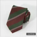 Close-up detail view of a folded brown and green striped men's business necktie accessory. - 18