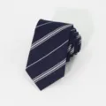 Men's navy blue formal business necktie with white diagonal stripes, classic professional accessory. - Navy Blue
