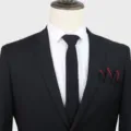 Men business suit tie set with solid black tie and pocket square for formal wear variant. - Black