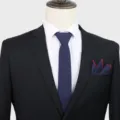 Men's business suit tie and pocket square set, dark blue solid color variant with red piping. - Dark Blue