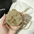 Rhinestone hexagonal evening clutch bag detail, sparkling crystal embellishments with chain. - Gold