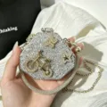 Exquisite hexagonal rhinestone evening clutch bag with bicycle butterfly star decor and chain. - Silver