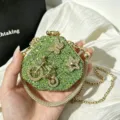 Green Crystal Acrylic Evening Bag Rhinestone Hexagon Clutch Purse With Chain Strap - Green