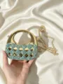 Elegante goldene Acryl Abendtasche mit grünen Strasssteinen und rundem Metallgriff für Damen - Blau