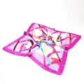 Elegant 60cm women's silk scarf with colorful abstract geometric pattern and pink border. - 011