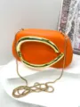 Orange leather evening clutch bag with striking gold metal handle and chain strap for women. - Premium PU Style / Orange