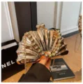 Gold acrylic shell evening clutch bag with pearl handle and metal chain strap for women. - Beaded Handle (C032) / Gold
