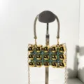 Stylish women evening clutch bag with golden spheres rhinestones and chain strap for party. - Trendy Box Evening Bag (A098) / Blue