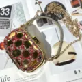 Luxury rhinestone mini evening clutch bag, elegant gold metal chain crossbody bag for women. - Red