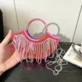 Rosa strass frange mini borsa a mano metallica sera tracolla pochette donna - A138 Rosa