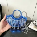 Mini metallische Abendtasche mit Strassfransen und rundem Griff für Damen Party und Bälle. - A138 Blau